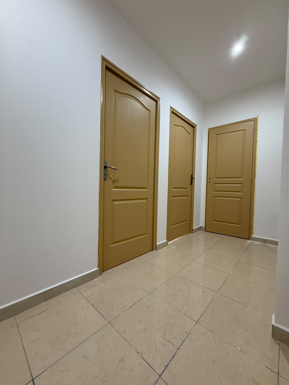 Couloir avec trois portes intérieures repeintes en ocre et murs blancs